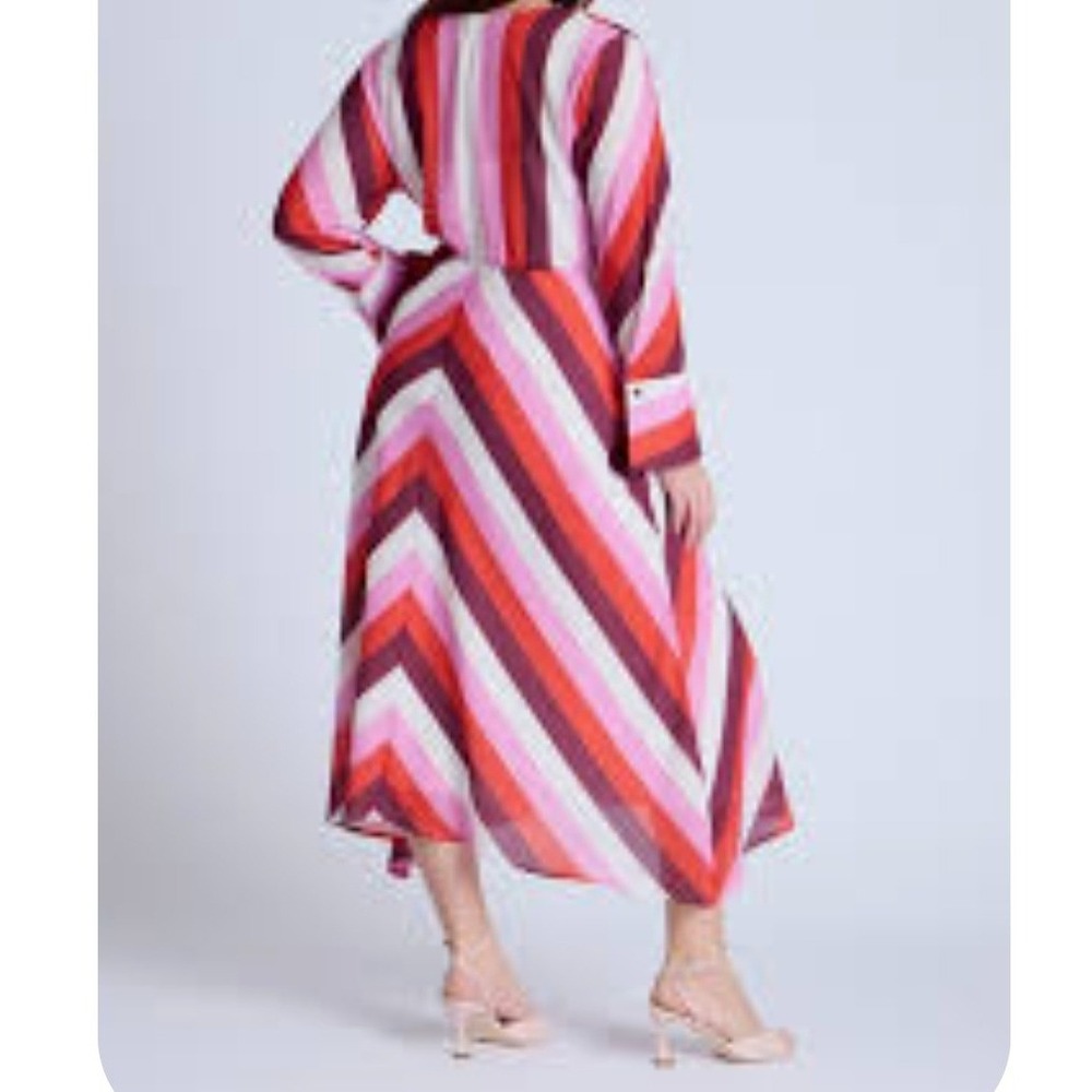 ELOQUII Twist Bodice Stripe Midi Dress Women 18 Pink Red Long Sleeve V-Neck New - Picture 3 of 13
